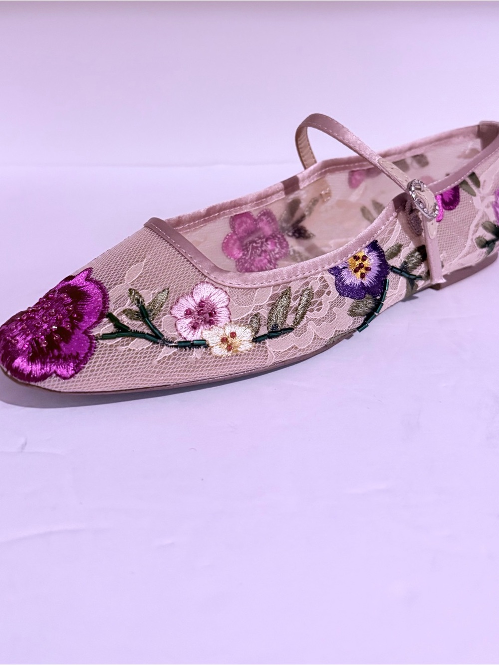 Betsey Johnson Beige Mary Jane Flat with Pink & Purple Floral Embroidery